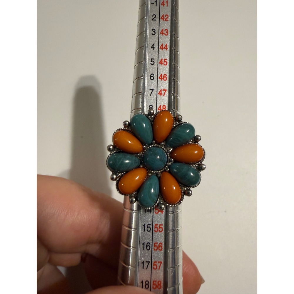 Bohemian Teal and Orange Floral Cluster Statement Ring Silver Tone‎ Adjustable